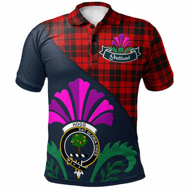 Scottish Hogg (or Hog) Clan Crest Tartan Polo Shirt - Scotland Thistle Style Front Side Tartan Plaid