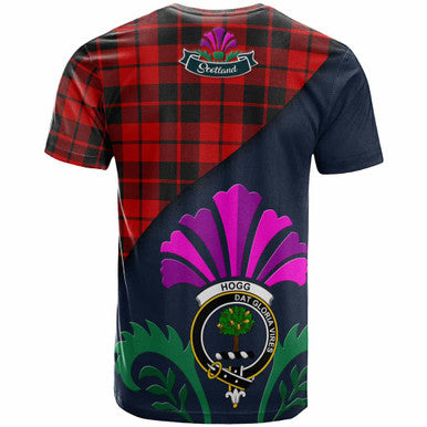 Scottish Hogg (or Hog) Clan Crest Tartan T-Shirt - Scotland Thistle Style Back Side Tartan Plaid