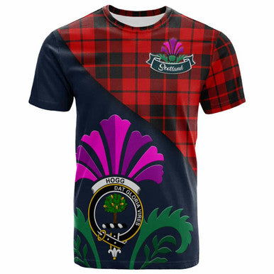 Scottish Hogg (or Hog) Clan Crest Tartan T-Shirt - Scotland Thistle Style Front Side Tartan Plaid