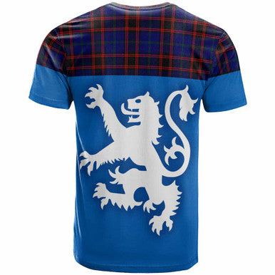 Scottish Home Modern Clan Tartan T-Shirt - Lion Rampant of Scotland With Flag Back Side Tartan Plaid