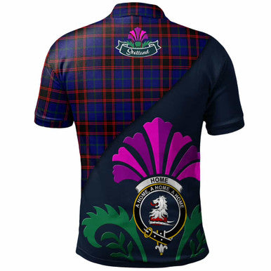 Scottish Home (or Hume) Clan Crest Tartan Polo Shirt - Scotland Thistle Style Back Side Tartan Plaid