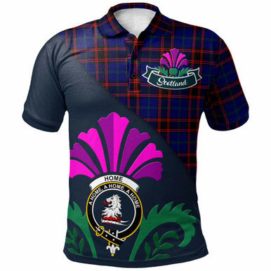 Scottish Home (or Hume) Clan Crest Tartan Polo Shirt - Scotland Thistle Style Front Side Tartan Plaid