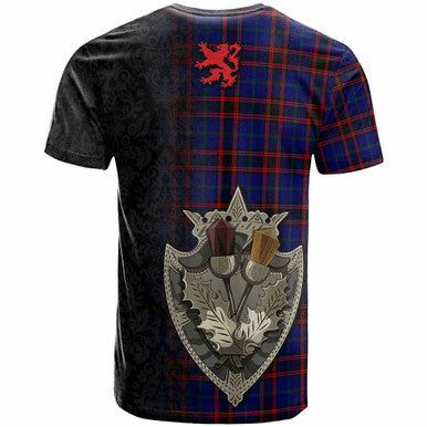 Scottish Home (or Hume) Clan Crest Tartan T-Shirt - Half Thistle Flowers Celtic Design Back Side Tartan Plaid