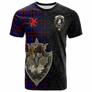 Scottish Home (or Hume) Clan Crest Tartan T-Shirt - Half Thistle Flowers Celtic Design Front Side Tartan Plaid