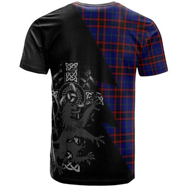 Scottish Home (or Hume) Clan Crest Tartan T-Shirt - Lion Rampant Celtic Cross Flash Style Back Side Tartan Plaid