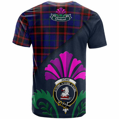 Scottish Home (or Hume) Clan Crest Tartan T-Shirt - Scotland Thistle Style Back Side Tartan Plaid