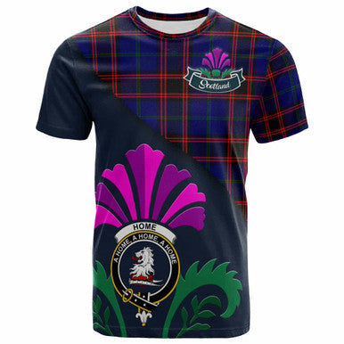 Scottish Home (or Hume) Clan Crest Tartan T-Shirt - Scotland Thistle Style Front Side Tartan Plaid