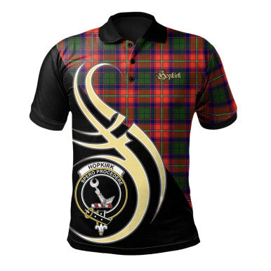 Scottish Hopkirk Clan Crest Tartan Polo Shirt Believe in Me Front Side Tartan Plaid