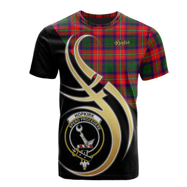 Scottish Hopkirk Clan Crest Tartan T-Shirt Believe in Me Front Side Tartan Plaid