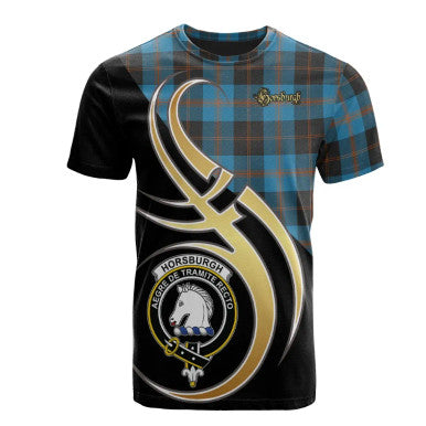 Scottish Horsburgh Clan Crest Tartan T-Shirt Believe in Me Front Side Tartan Plaid