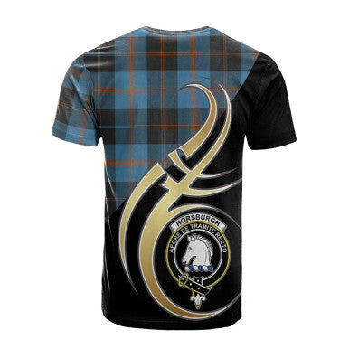 Scottish Horsburgh Clan Crest Tartan T-Shirt Believe in Me Back Side Tartan Plaid