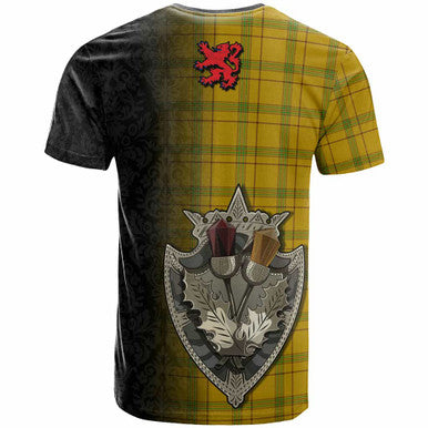 Scottish Houston Clan Tartan T-Shirt - Half Thistle Flowers Celtic Design Back Side Tartan Plaid
