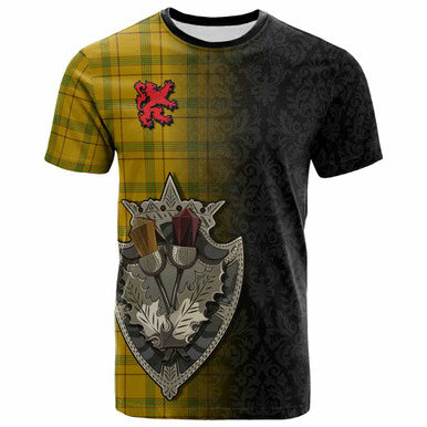 Scottish Houston Clan Tartan T-Shirt - Half Thistle Flowers Celtic Design Front Side Tartan Plaid