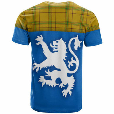 Scottish Houston Clan Tartan T-Shirt - Lion Rampant of Scotland With Flag Back Side Tartan Plaid