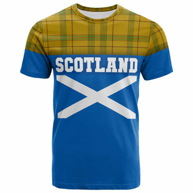 Scottish Houston Clan Tartan T-Shirt - Lion Rampant of Scotland With Flag Front Side Tartan Plaid