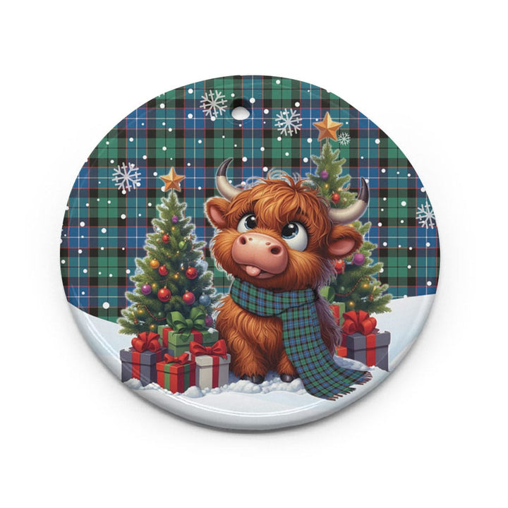 Scottish Hunter Ancient Clan Tartan Ceramic Ornament Cute Highland Cow Christmas Circle Style Tartan Plaid