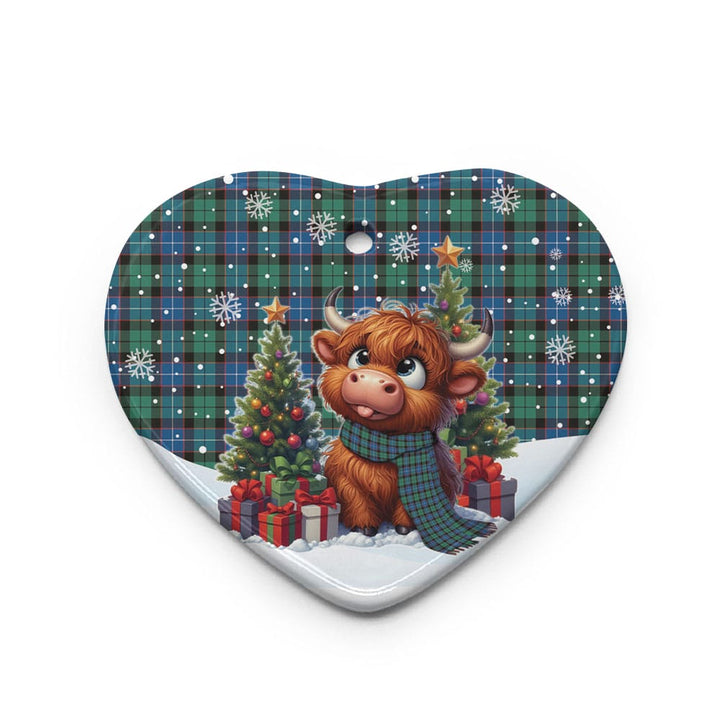 Scottish Hunter Ancient Clan Tartan Ceramic Ornament Cute Highland Cow Christmas Heart Style Tartan Plaid