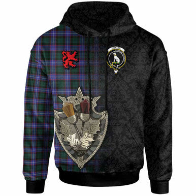 Scottish Hunter Clan Crest Tartan Hoodie - Half Thistle Flowers Celtic Design Front Side Tartan Plaid