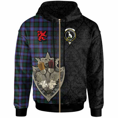 Scottish Hunter Clan Crest Tartan Hoodie - Half Thistle Flowers Celtic Design Zip-up Tartan Plaid