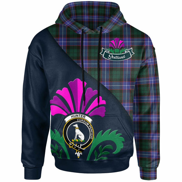 Scottish Hunter Clan Crest Tartan Hoodie - Scotland Thistle Style Front Side Tartan Plaid