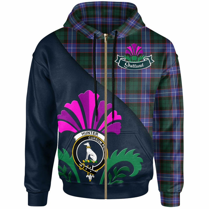Scottish Hunter Clan Crest Tartan Hoodie - Scotland Thistle Style Zip-up Tartan Plaid
