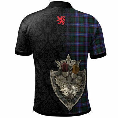 Scottish Hunter Clan Crest Tartan Polo Shirt - Half Thistle Flowers Celtic Design Back Side Tartan Plaid