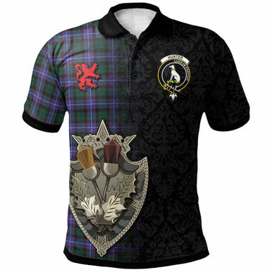 Scottish Hunter Clan Crest Tartan Polo Shirt - Half Thistle Flowers Celtic Design Front Side Tartan Plaid
