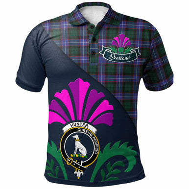 Scottish Hunter Clan Crest Tartan Polo Shirt - Scotland Thistle Style Front Side Tartan Plaid
