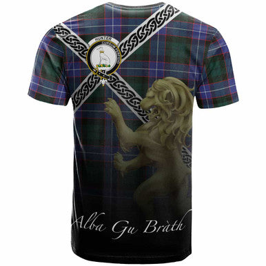 Scottish Hunter Clan Crest Tartan T-Shirt - Celtic With Scotland Lion Back Side Tartan Plaid