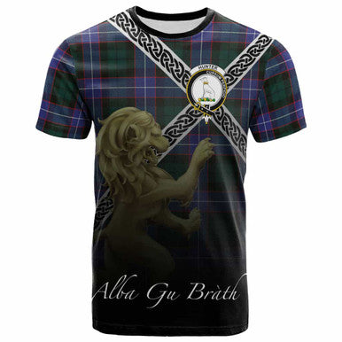 Scottish Hunter Clan Crest Tartan T-Shirt - Celtic With Scotland Lion Front Side Tartan Plaid