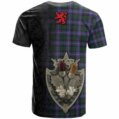 Scottish Hunter Clan Crest Tartan T-Shirt - Half Thistle Flowers Celtic Design Back Side Tartan Plaid