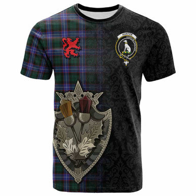 Scottish Hunter Clan Crest Tartan T-Shirt - Half Thistle Flowers Celtic Design Front Side Tartan Plaid