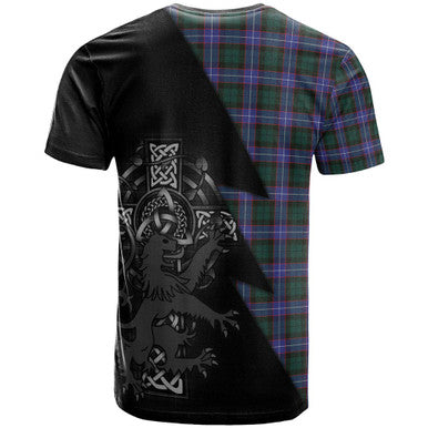 Scottish Hunter Clan Crest Tartan T-Shirt - Lion Rampant Celtic Cross Flash Style Back Side Tartan Plaid