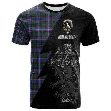 Scottish Hunter Clan Crest Tartan T-Shirt - Lion Rampant Celtic Cross Flash Style Front Side Tartan Plaid