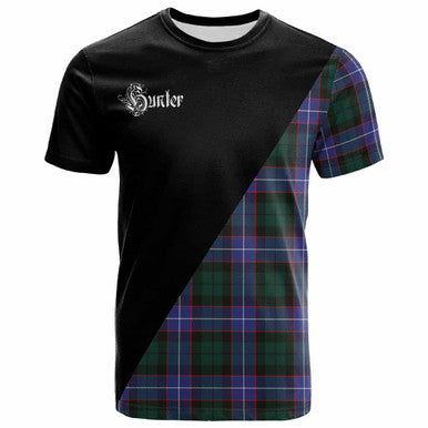 Scottish Hunter Clan Crest Tartan T-Shirt - Military Logo Front Side Tartan Plaid