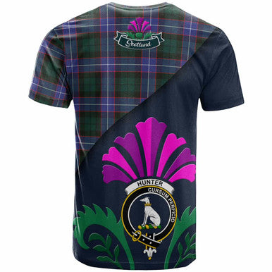 Scottish Hunter Clan Crest Tartan T-Shirt - Scotland Thistle Style Back Side Tartan Plaid