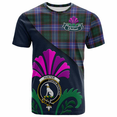 Scottish Hunter Clan Crest Tartan T-Shirt - Scotland Thistle Style Front Side Tartan Plaid