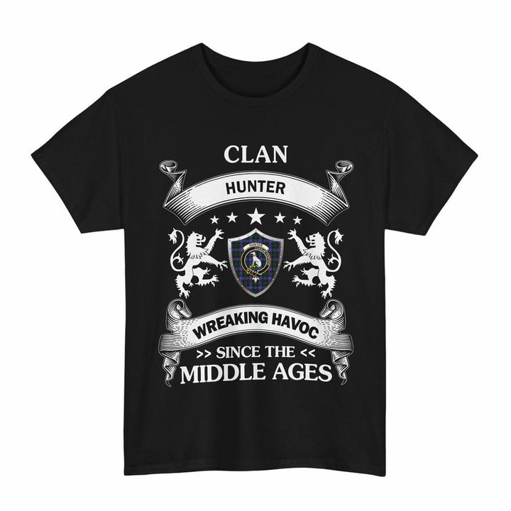 Scottish Hunter Clan Crest Tartan T-Shirt Wreaking Havoc Design Tartan Plaid Black Color