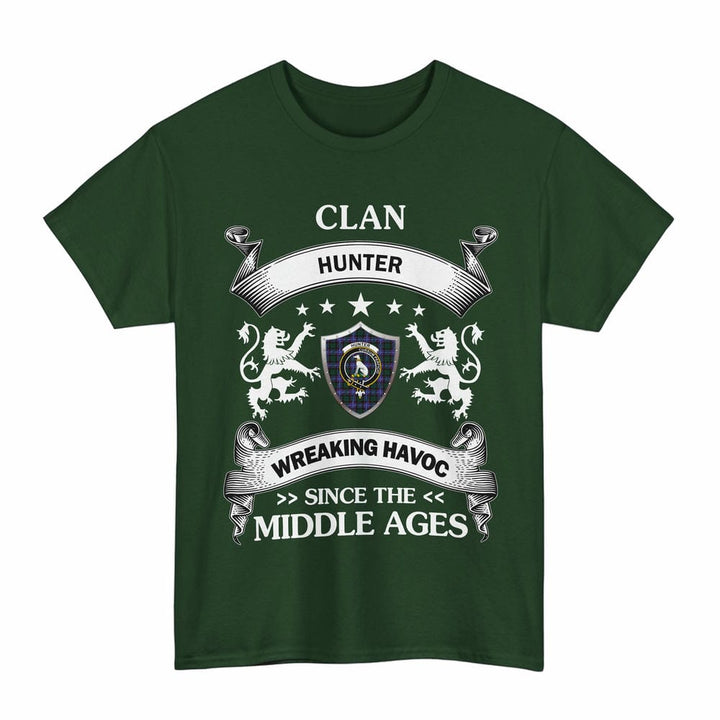 Scottish Hunter Clan Crest Tartan T-Shirt Wreaking Havoc Design Tartan Plaid Forest Green Color