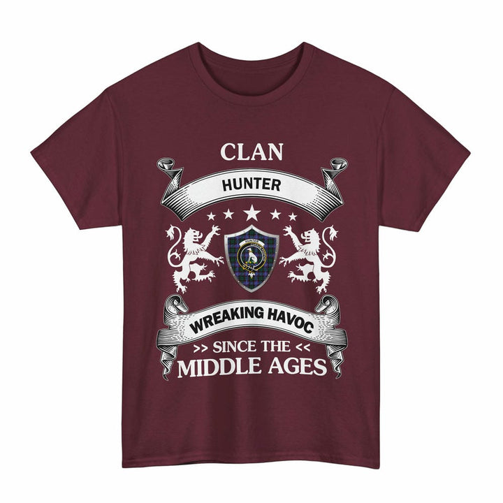 Scottish Hunter Clan Crest Tartan T-Shirt Wreaking Havoc Design Tartan Plaid Maroon Color