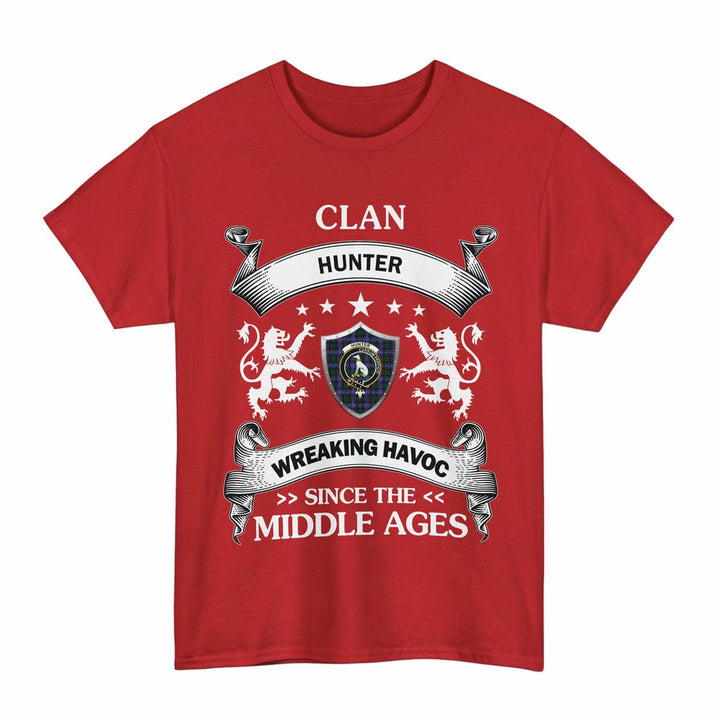 Scottish Hunter Clan Crest Tartan T-Shirt Wreaking Havoc Design Tartan Plaid Red Color