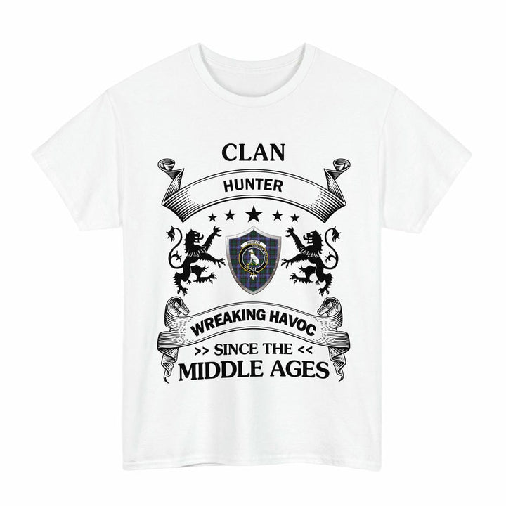 Scottish Hunter Clan Crest Tartan T-Shirt Wreaking Havoc Design Tartan Plaid White Color