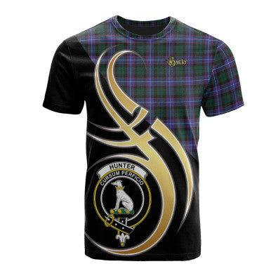 Scottish Hunter Modern Clan Crest Tartan T-Shirt Believe in Me Front Side Tartan Plaid