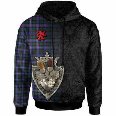 Scottish Hunter Modern Clan Tartan Hoodie - Half Thistle Flowers Celtic Design Front Side Tartan Plaid