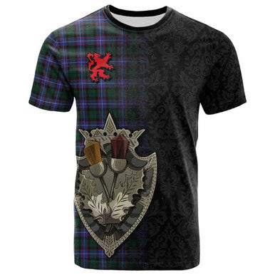 Scottish Hunter Modern Clan Tartan T-Shirt - Half Thistle Flowers Celtic Design Front Side Tartan Plaid