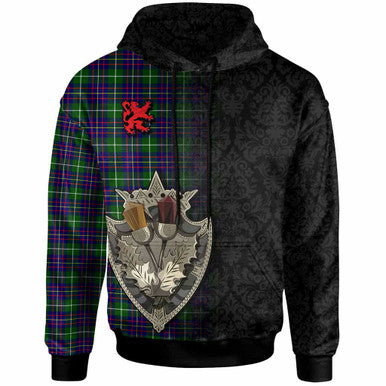 Scottish Inglis Modern Clan Tartan Hoodie - Half Thistle Flowers Celtic Design Front Side Tartan Plaid