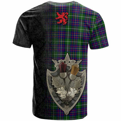 Scottish Inglis Modern Clan Tartan T-Shirt - Half Thistle Flowers Celtic Design Back Side Tartan Plaid