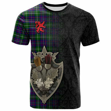 Scottish Inglis Modern Clan Tartan T-Shirt - Half Thistle Flowers Celtic Design Front Side Tartan Plaid