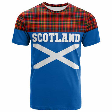 Scottish Innes Modern Clan Tartan T-Shirt - Lion Rampant of Scotland With Flag Front Side Tartan Plaid