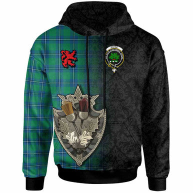 Scottish Irvine Clan Crest Tartan Hoodie - Half Thistle Flowers Celtic Design Front Side Tartan Plaid